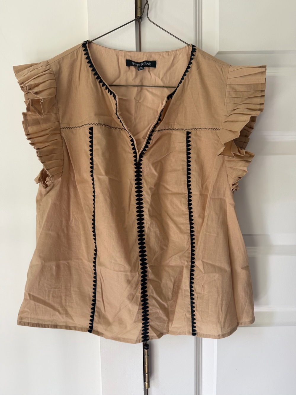 Marshalls Tan Ruffle Sleeve Blouse with Black Trim